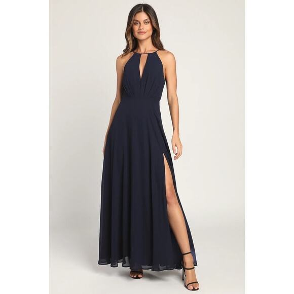 Lulus Aim for Amour Navy Blue Halter Neck Chiffon Maxi Slit Women's Dress M - Picture 1 of 12
